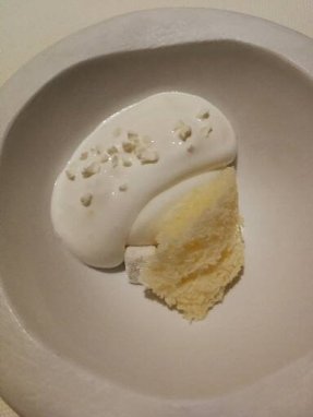 Yogurt ice cream, sponge, kefir foam and yuzu gel