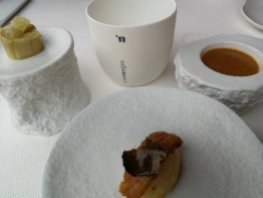 A trio of snacks - including a rich tasty lobster broth (right) started our tasting-menu dinner.